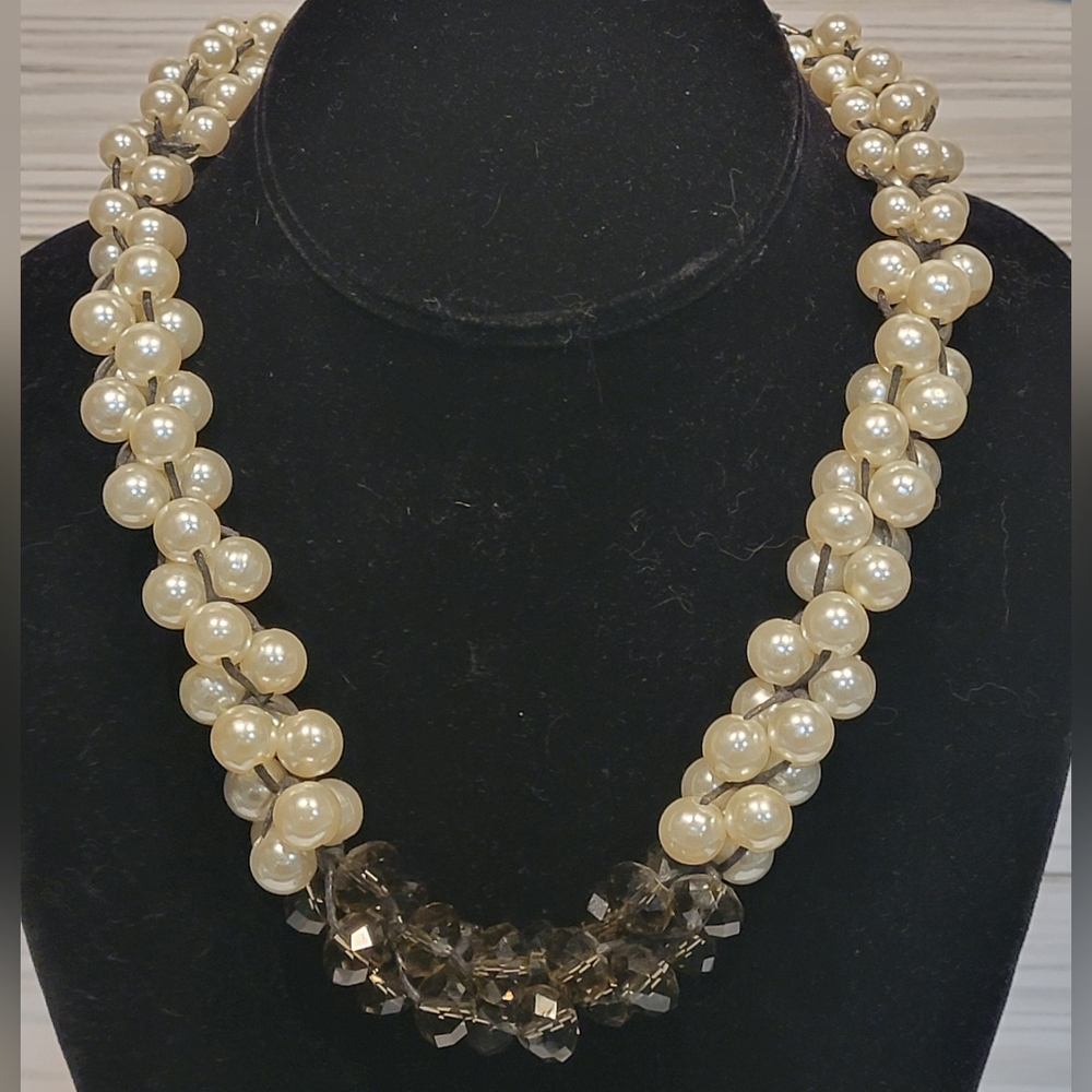 Vintage CG Faux Pearl Smoky Crystal Beaded Bib Necklace 18”